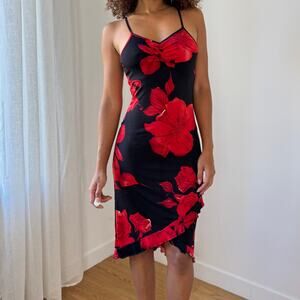 Vintage Italian Red Rose Slinky Slip Dress with Asymmetric Ruffle Hem (S)